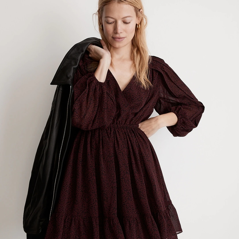 Madewell (Re)sourced Georgette Faux-Wrap Mini Dress Cabernet Size S